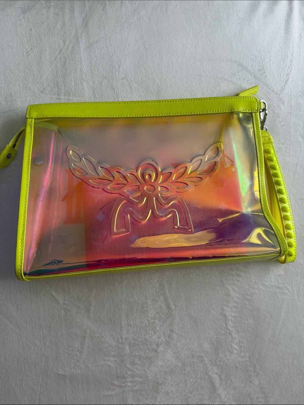 MCM Neon Yellow Iridescent Logo Wristlet Clutch - Picture 4 of 4